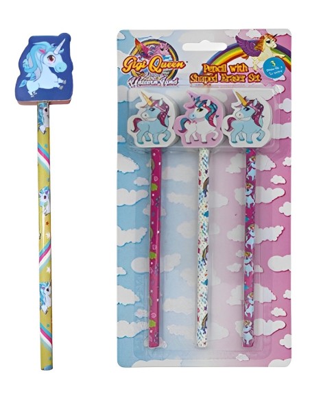 SET 3 LÁPICES CON GOMA UNICORNIO