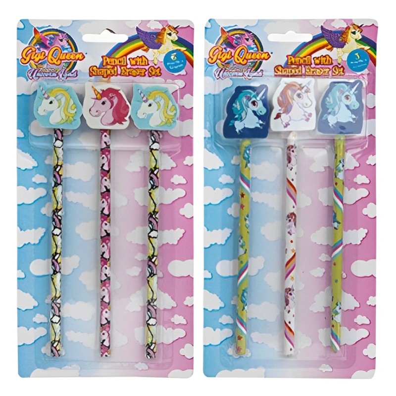 SET 3 LÁPICES CON GOMA UNICORNIO