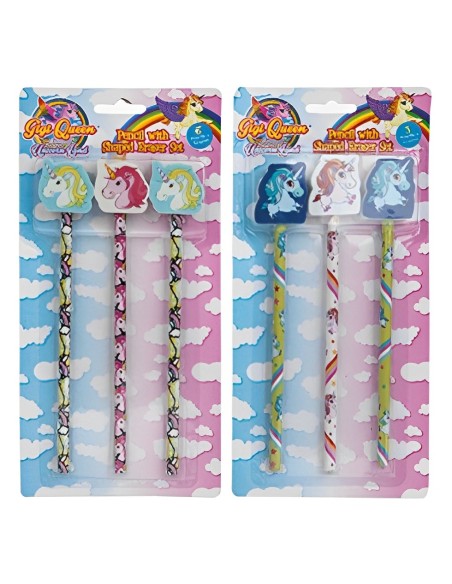 SET 3 LÁPICES CON GOMA UNICORNIO