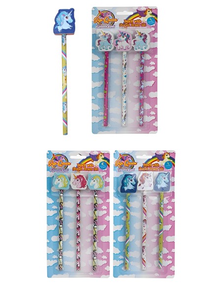 SET 3 LÁPICES CON GOMA UNICORNIO