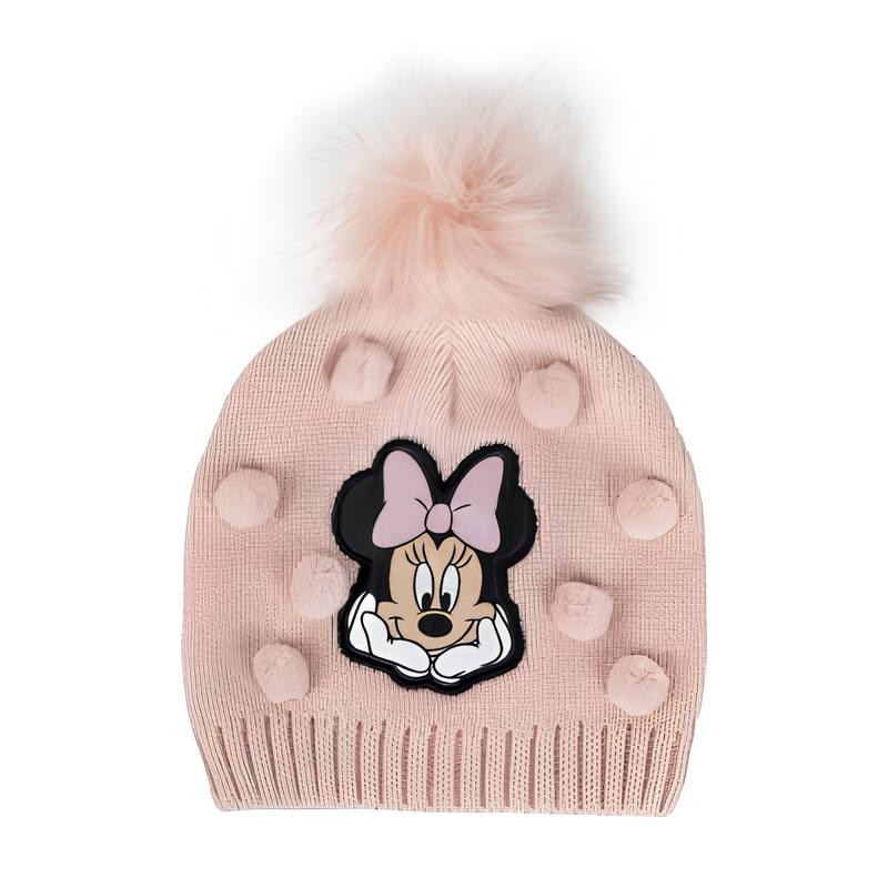 Gorro de punto rosa de Minnie Mouse con pompones para niña