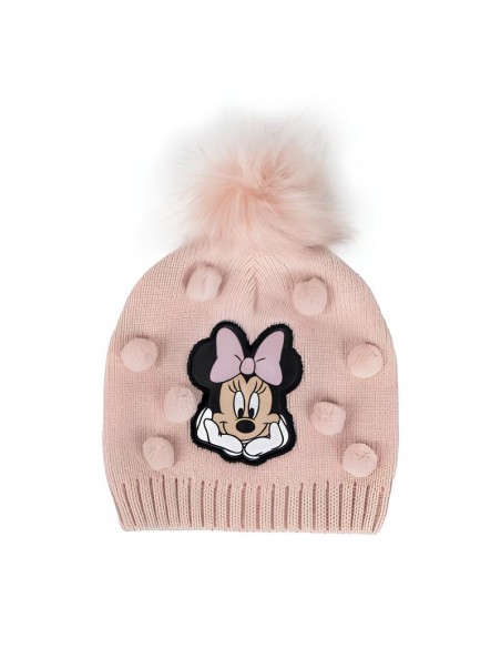 Gorro de punto rosa de Minnie Mouse con pompones para niña