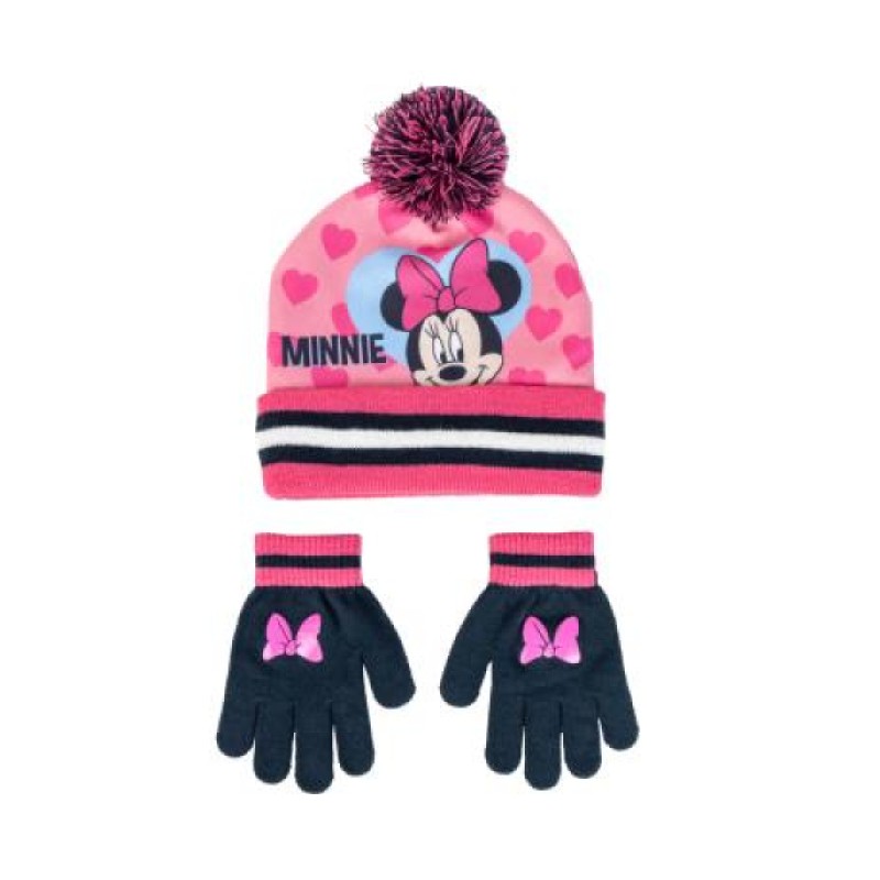 Conjunto de gorro rosa y guantes azul marino de Minnie Mouse para niña