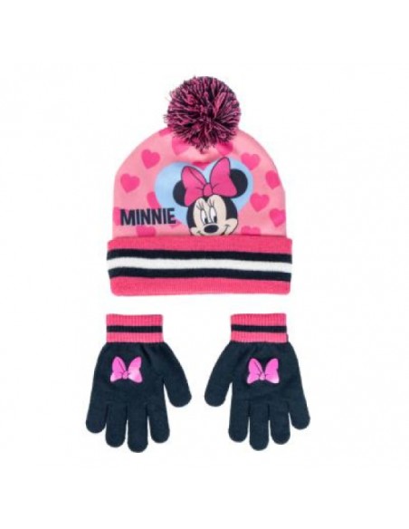 Conjunto de gorro rosa y guantes azul marino de Minnie Mouse para niña