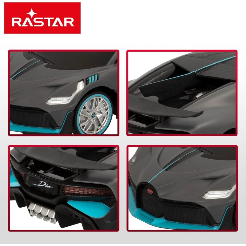 Detalles del Coche teledirigido Bugatti Divo de Rastar a escala 1:24 color gris y azul