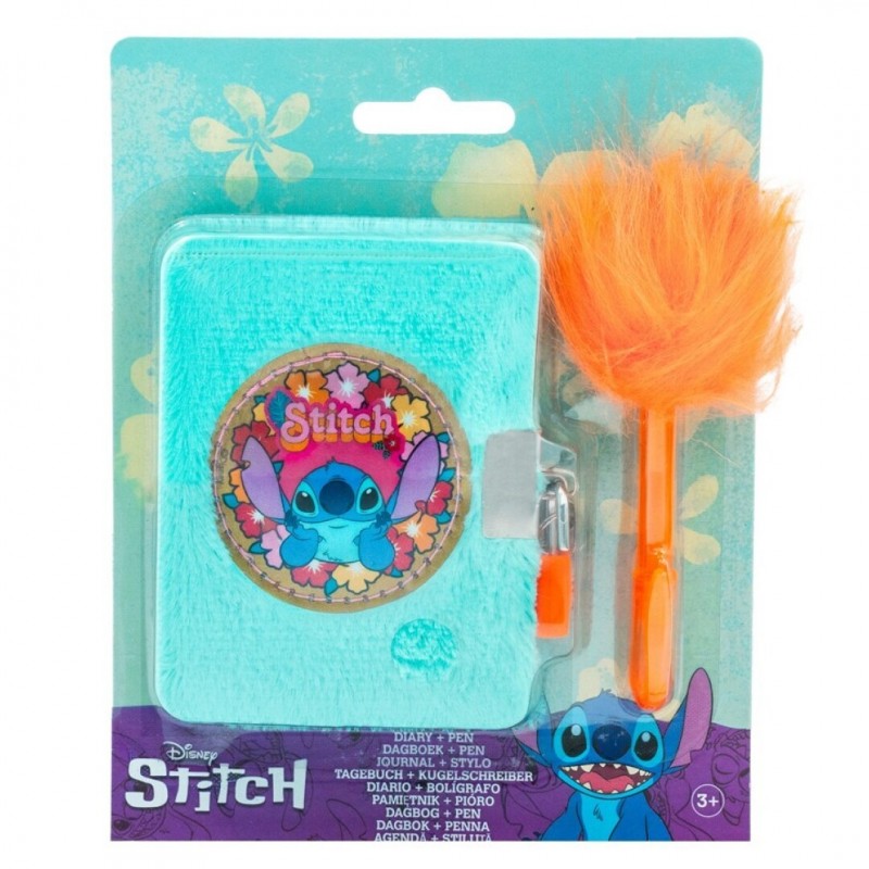 Blíster con set de diario secreto de peluche azul con imagen de Stitch y candado, junto a un bolígrafo naranja con pompón.