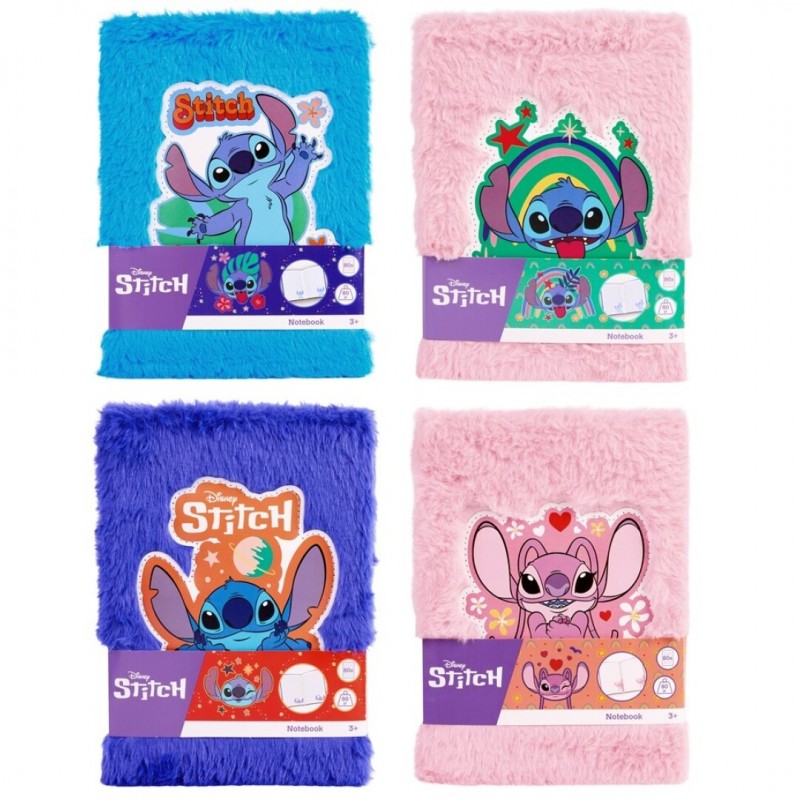 Cuatro modelos de libretas A5 de peluche con diseños de Stitch y Angel en colores azul, rosa y violeta.
