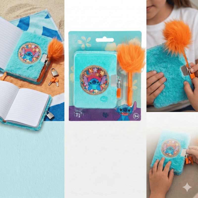 Blíster con set de diario secreto de peluche azul con imagen de Stitch y candado, junto a un bolígrafo naranja con pompón.
