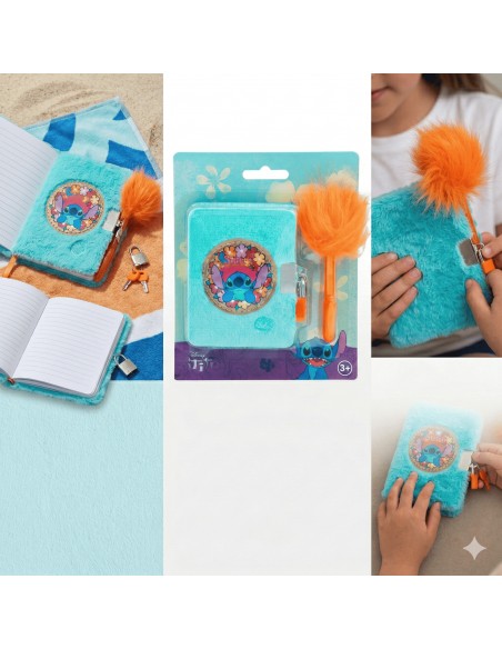 Blíster con set de diario secreto de peluche azul con imagen de Stitch y candado, junto a un bolígrafo naranja con pompón.