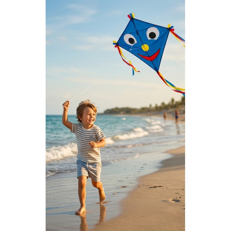 Niño con Cometa infantil de colores con cara fácil de volar en la playa