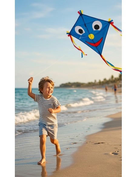 Niño con Cometa infantil de colores con cara fácil de volar en la playa