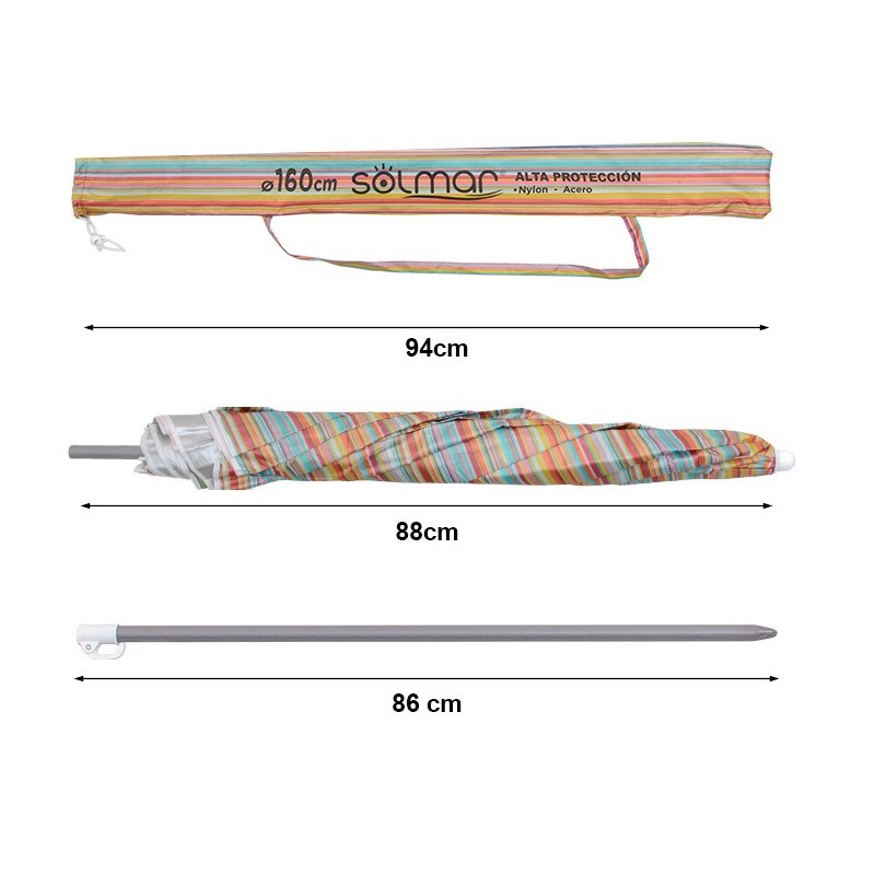 Sombrilla de playa a rayas con protección solar certificada UV+50 y tela de nailon