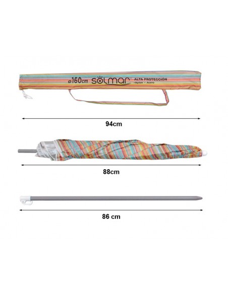 Sombrilla de playa a rayas con protección solar certificada UV+50 y tela de nailon