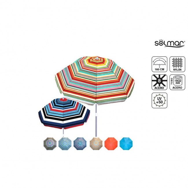 Sombrilla de playa a rayas con protección solar certificada UV+50 y tela de nailon