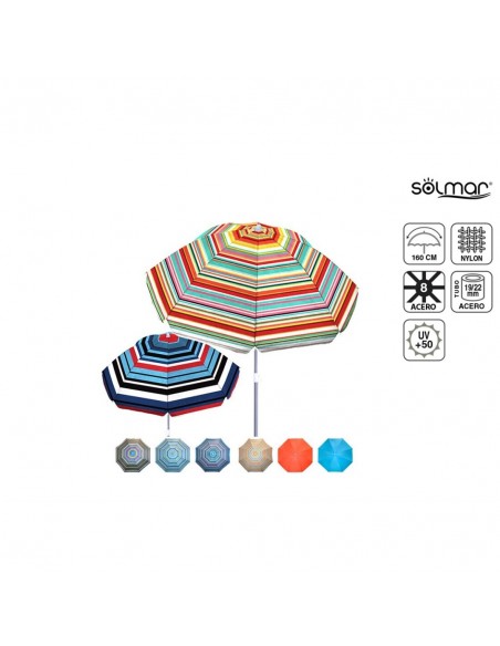 Sombrilla de playa a rayas con protección solar certificada UV+50 y tela de nailon