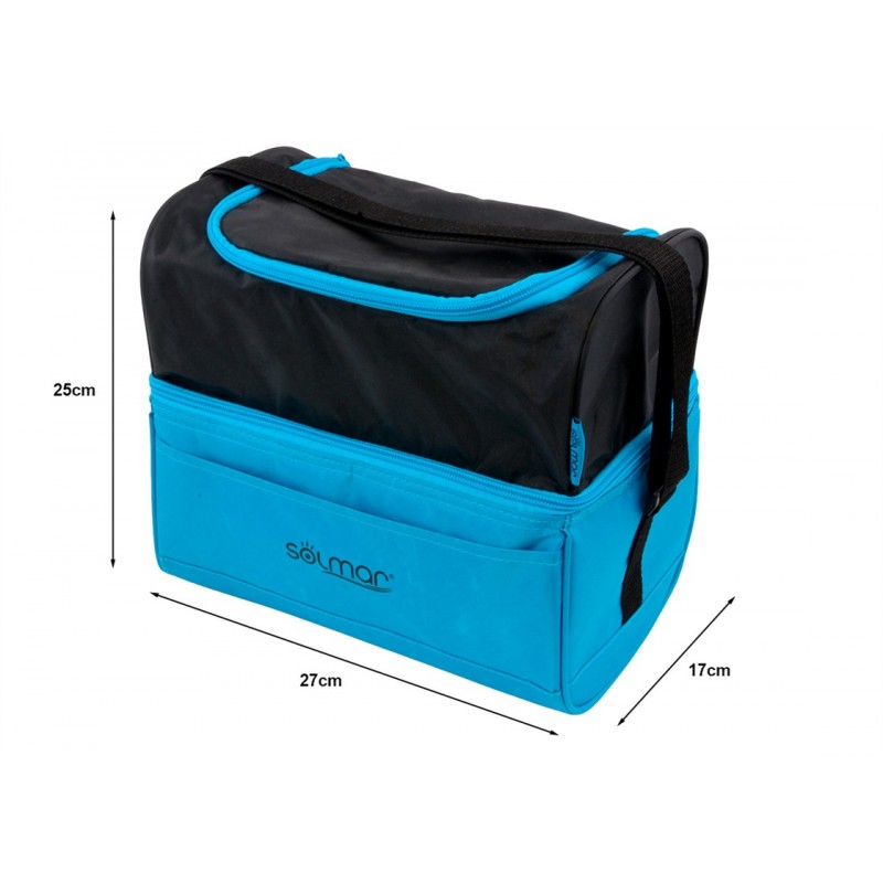 Nevera portátil 10 litros con doble compartimento, interior térmico y bandolera ajustable azul con medidas