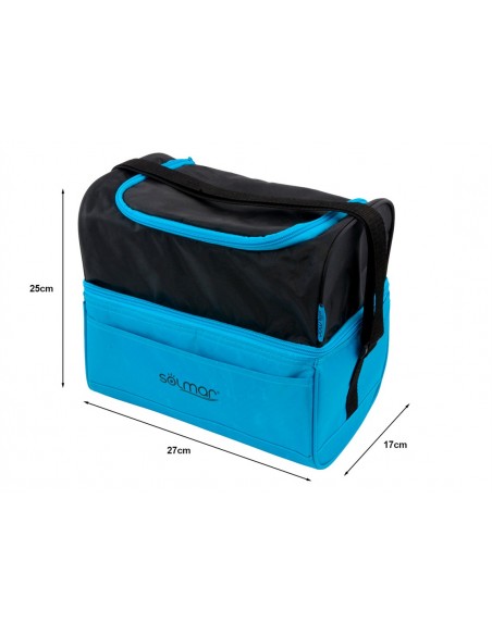 Nevera portátil 10 litros con doble compartimento, interior térmico y bandolera ajustable azul con medidas