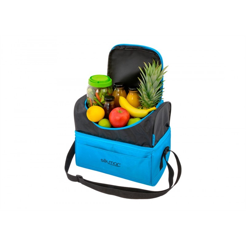 Nevera portátil 10 litros con doble compartimento, interior térmico y bandolera ajustable con fruta