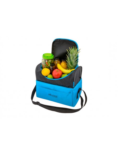Nevera portátil 10 litros con doble compartimento, interior térmico y bandolera ajustable con fruta