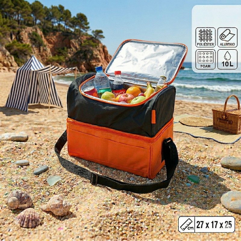 Nevera portátil 10 litros con doble compartimento, interior térmico y bandolera ajustable naranja en la playa