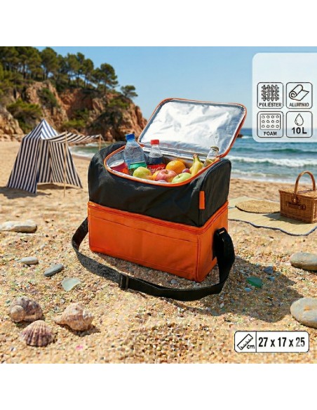 Nevera portátil 10 litros con doble compartimento, interior térmico y bandolera ajustable naranja en la playa