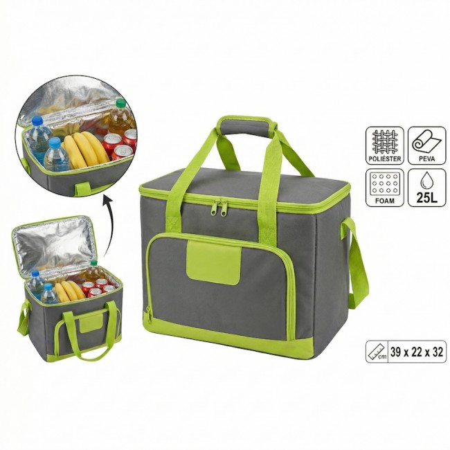 NEVERA PORTÁTIL 25 LITROS GRIS Y VERDE CON INTERIOR TÉRMICO PEVA Y DOBLE ASA