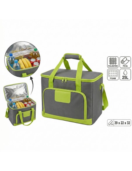 NEVERA PORTÁTIL 25 LITROS GRIS Y VERDE CON INTERIOR TÉRMICO PEVA Y DOBLE ASA