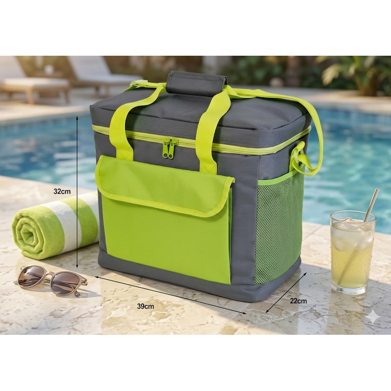 NEVERA PORTÁTIL 25 LITROS GRIS Y VERDE CON INTERIOR TÉRMICO PEVA Y DOBLE ASA EN LA PISCINA