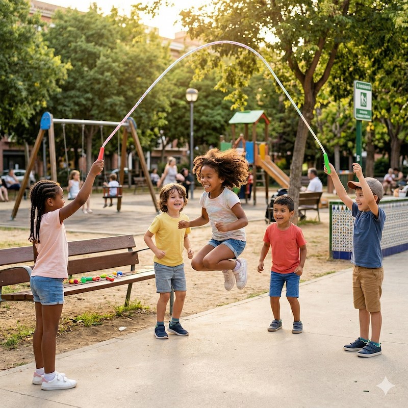 Niños en el parque jugando a la comba