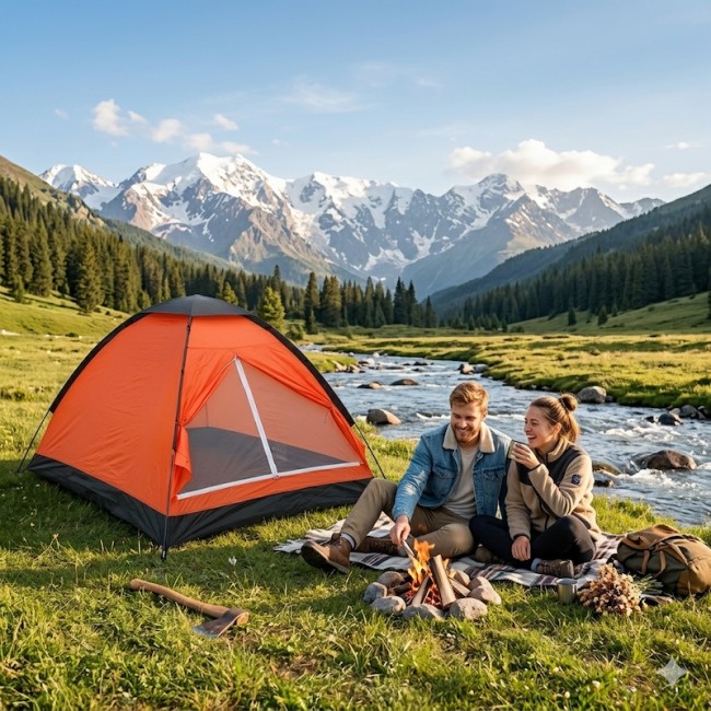 Tienda de campaña iglú para 2 personas en vibrante naranja y negro. ¡Ligera y fácil de montar! 2
