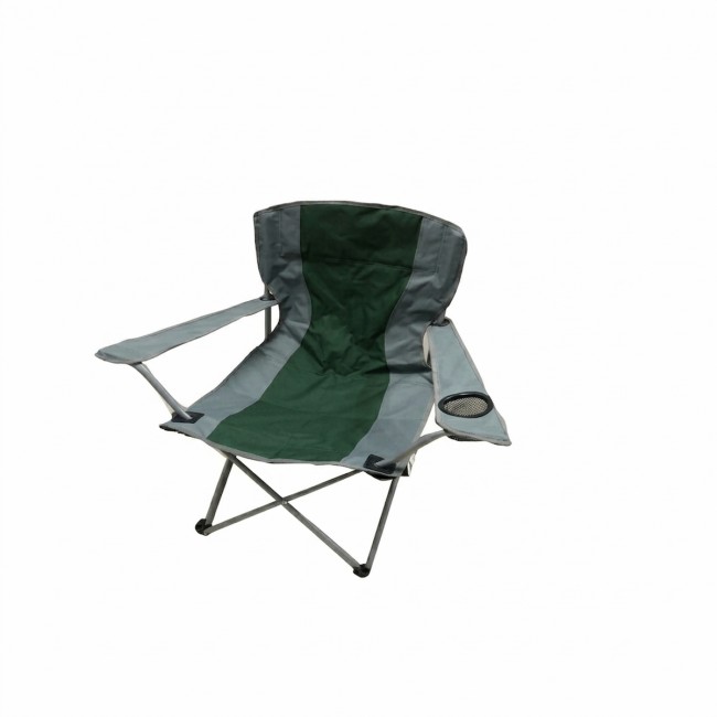Silla de camping plegable verde y gris con reposabrazos y posavasos