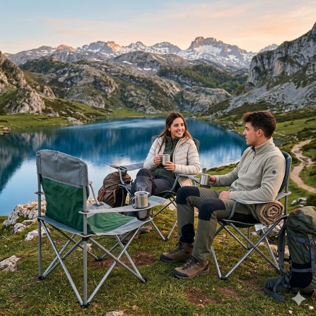 Silla de camping plegable verde y gris con reposabrazos y posavasos 2