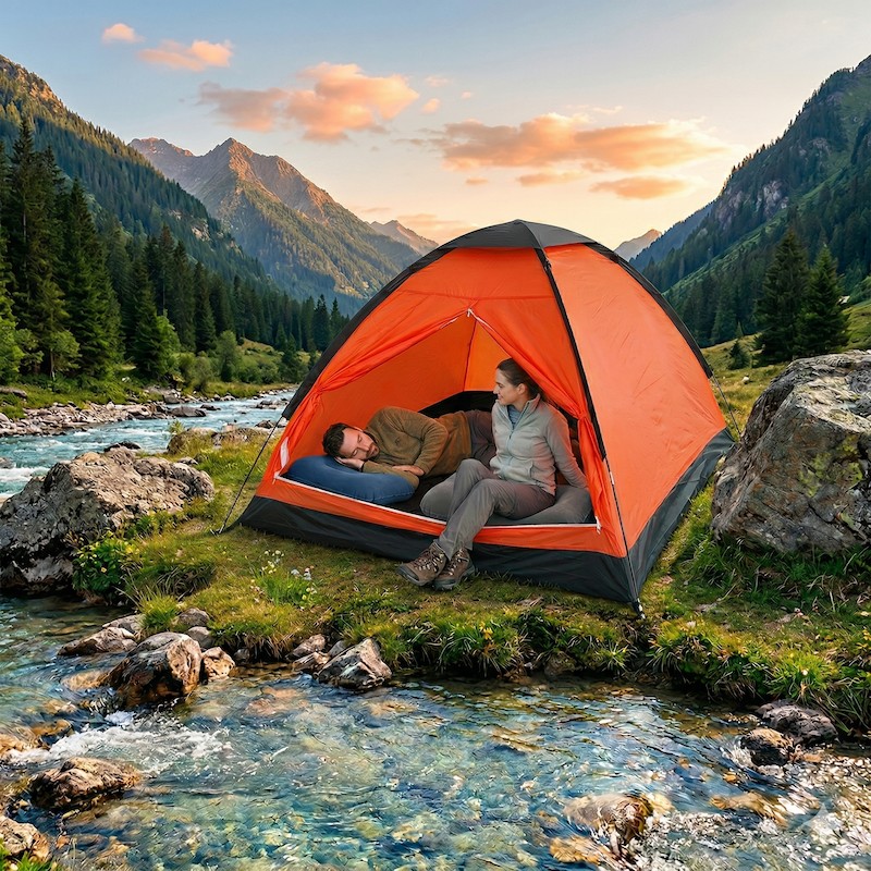 Almohada hinchable Bestway azul y gris para camping en montaña