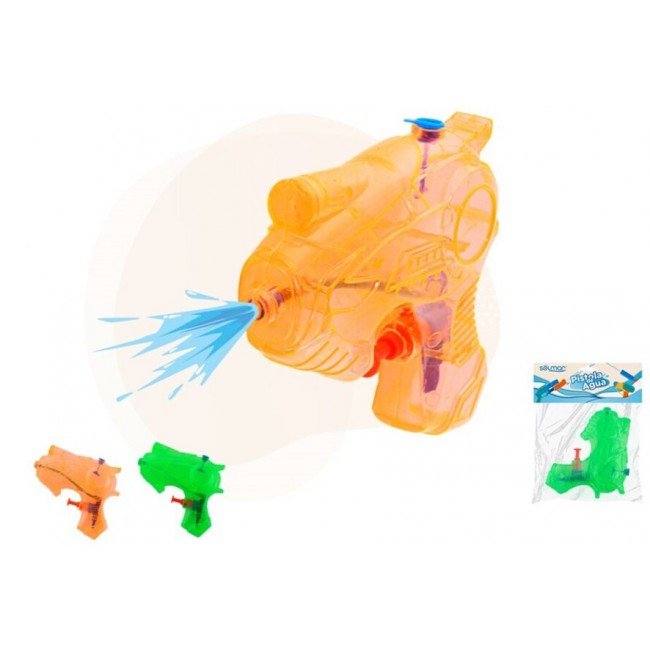 Pistola de agua pequeña de 12 cm fabricada en plástico transparente en colores naranja, verde y azul para niños