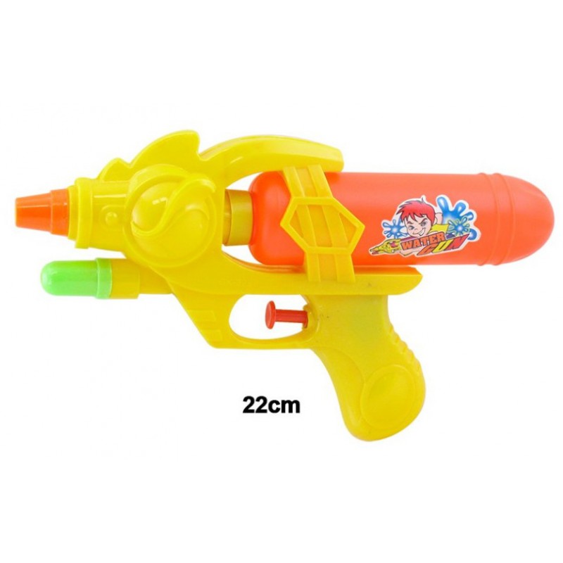 Pistola de agua de 21,5 cm de largo en colores verde, amarillo y naranja con depósito de gran capacidad vista lateral