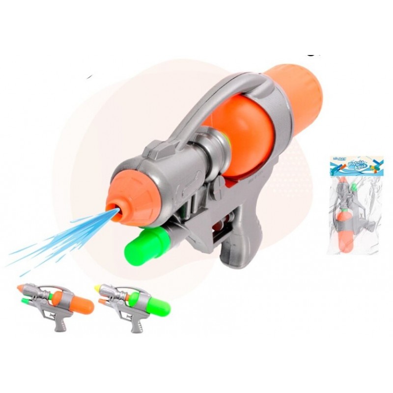 Pistola de agua de 26 cm color gris plata con detalles y depósito en naranja neón para niños