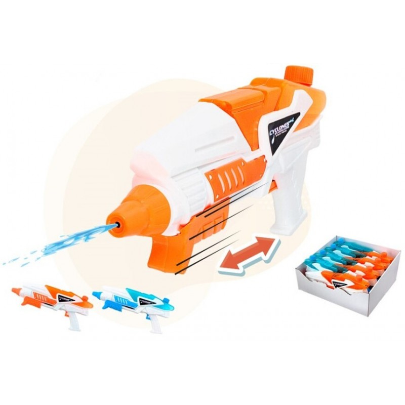 Pistola de agua gigante de 42 cm de largo en colores azul y verde neón con sistema de doble depósito de alta capacidad