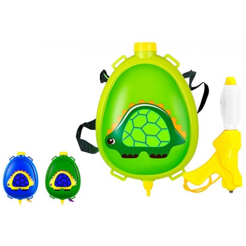 Pistola de agua infantil con mochila de depósito decorada con un dibujo de dinosaurio y correas ajustables