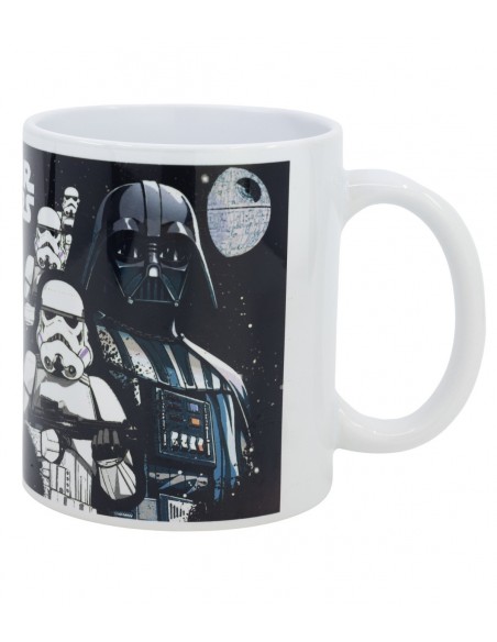 Vista lateral de la taza de Star Wars mostrando el grupo de Stormtroopers y Darth Vader