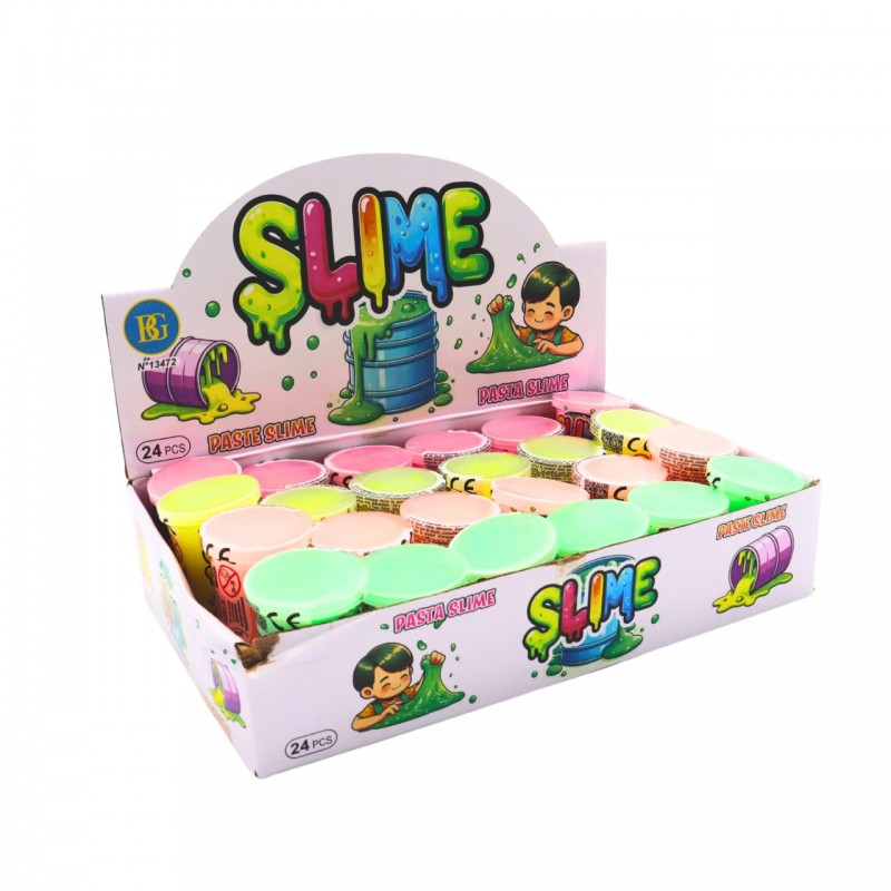 Expositor comercial con 24 botes de slime de 40 gramos para tiendas y fiestas