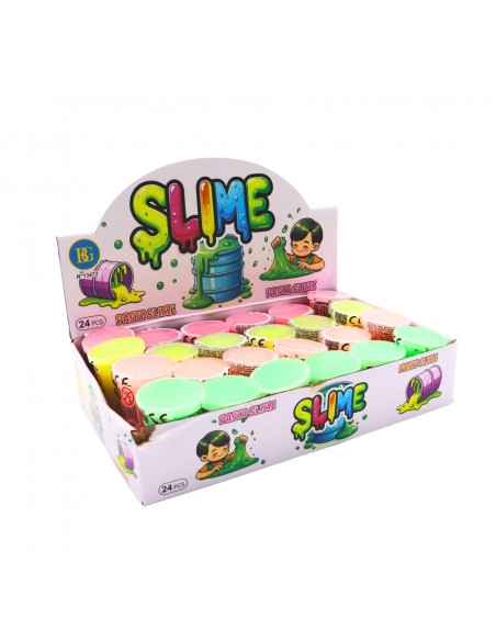 Expositor comercial con 24 botes de slime de 40 gramos para tiendas y fiestas