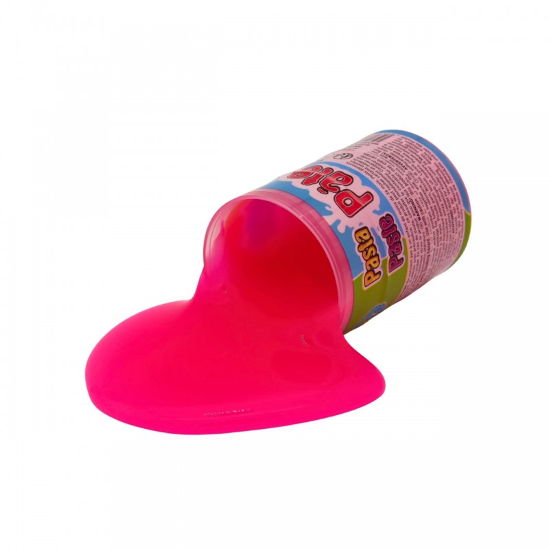 Detalle de la textura elástica y viscosa del slime rosa neón de 40g