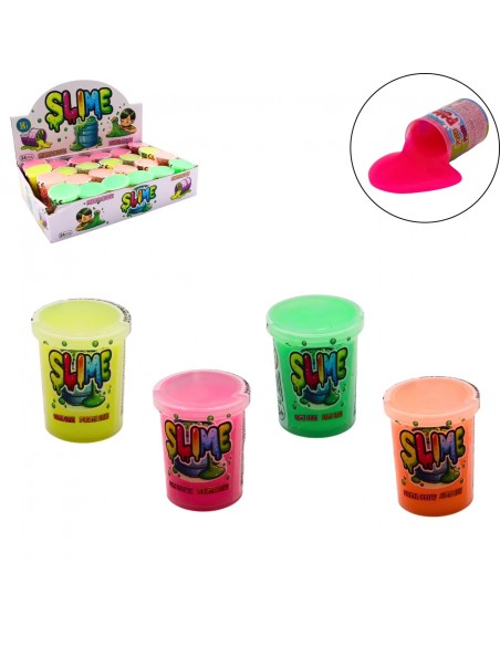 Pack de botes de slime de 40g en colores neón rosa, verde, amarillo y naranja