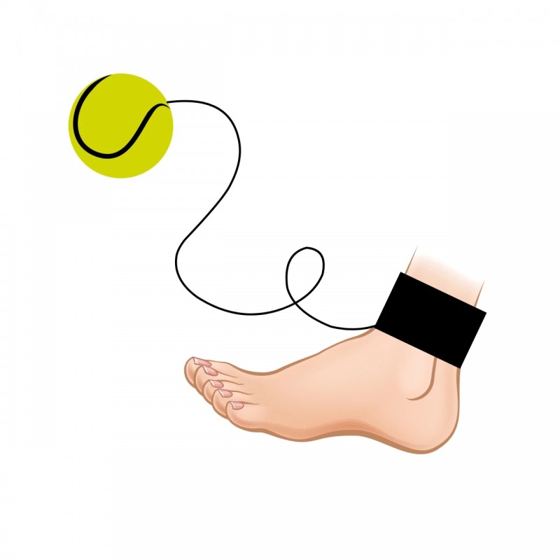 Pelota de retorno con diseño de pelota de tenis amarilla y cinta de velcro atada en el tobillo