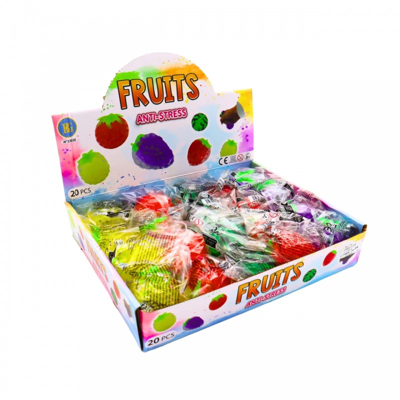 Caja expositora con 24 unidades de frutas squishy antiestrés surtidas