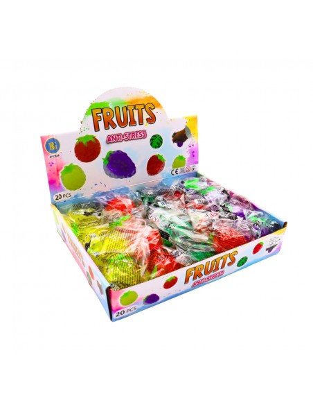 Caja expositora con 24 unidades de frutas squishy antiestrés surtidas