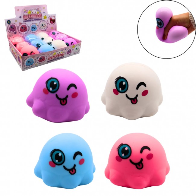 Grupo de cuatro pulpos antiestrés y sensorial estilo kawaii en colores rosa, azul, verde y violeta