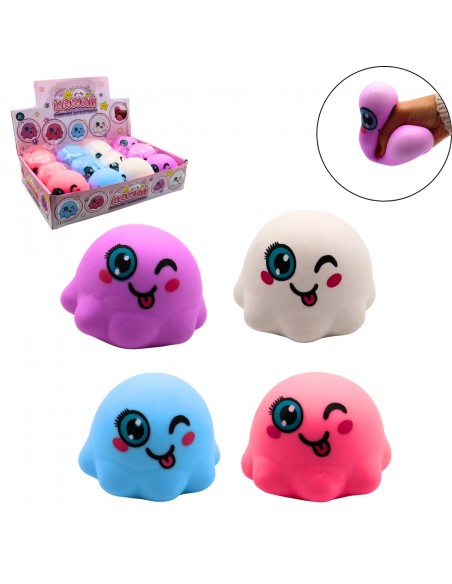 Grupo de cuatro pulpos antiestrés y sensorial estilo kawaii en colores rosa, azul, verde y violeta