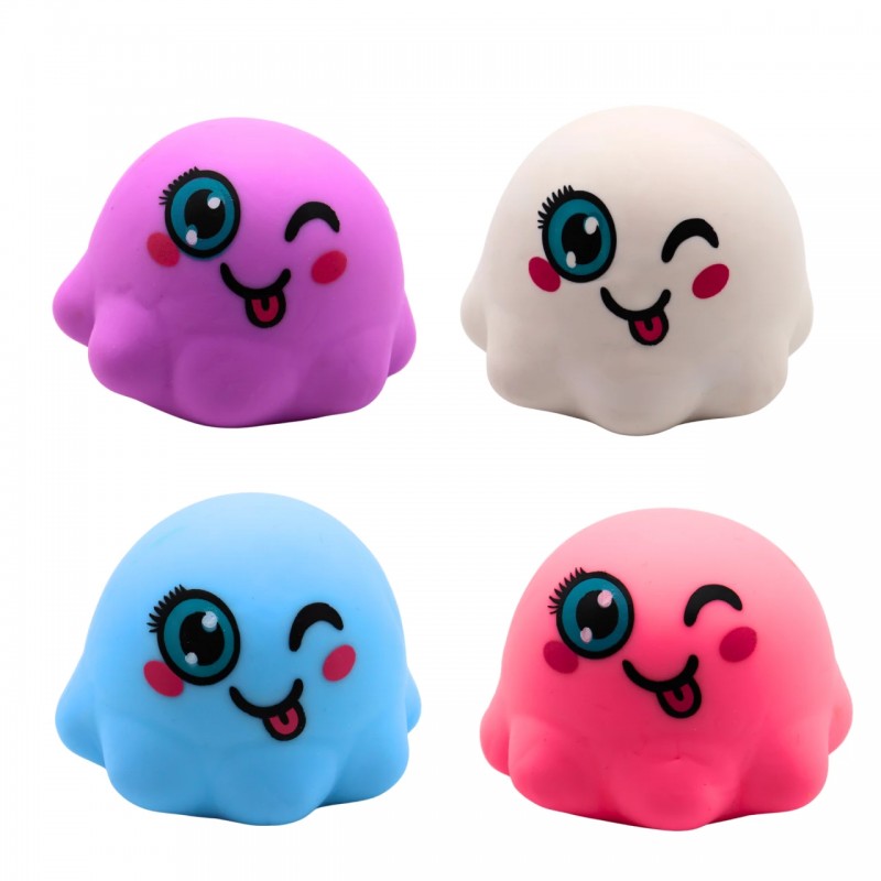 Grupo de cuatro pulpos antiestrés estilo kawaii en colores rosa, azul, blanco y violeta