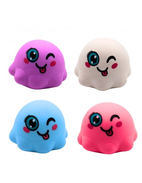 Grupo de cuatro pulpos antiestrés estilo kawaii en colores rosa, azul, blanco y violeta